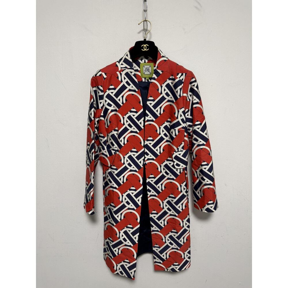 Elizabeth McKay Coat Womens 8 Red Navy Geometric Silk Lined Nautical Preppy